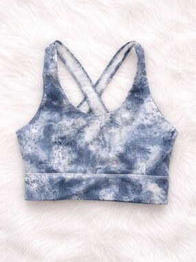 Blue Tie Dye Strappy Sports Bra Size Medium Non Padded Insert Ready Athleisure